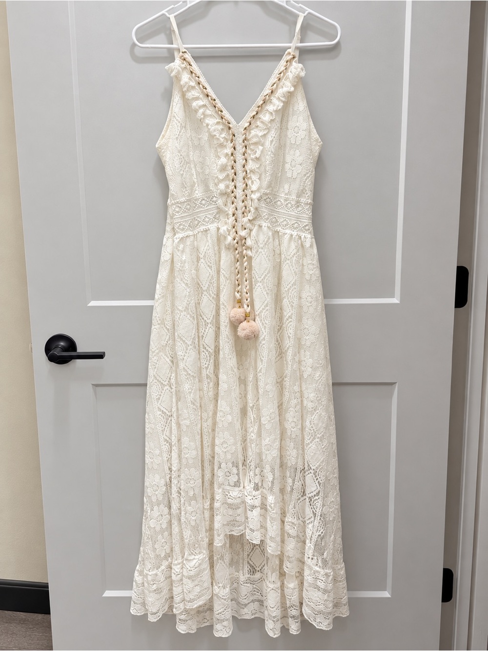 Ivory White Lace Boho Maxi Dress Braided Pom Pom